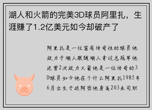 湖人和火箭的完美3D球员阿里扎，生涯赚了1.2亿美元如今却破产了